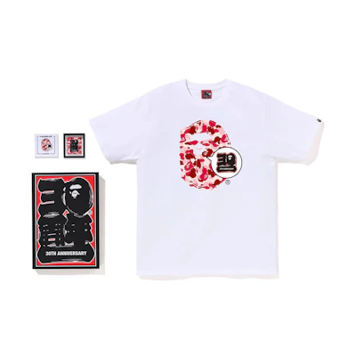 BAPE Store Maebashi 30th Anniversary Ape Print Short Sleeve White Red T-Shirt Set. 1J22-110-025