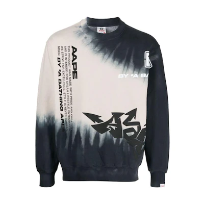 BAPE Tie-Dye Logo Print Crewneck Sweatshirt Men’s Black White ASW3-932-XXJ