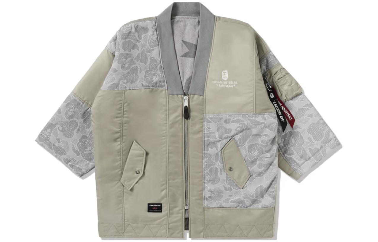BAPE x Alpha Industries FW23 Patchwork Zip Kimono Jacket Unisex Gray. 0ZXLJM140903L