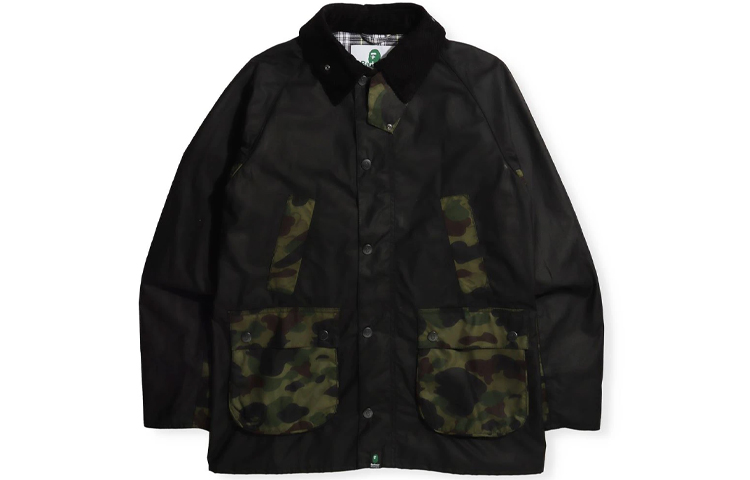 Order BAPE x Barbour Jaket Hitam Corak Camo dengan Kolar Fuzzy Kolaborasi. 1H72-141-902
