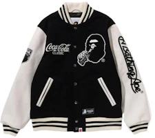 BAPE x Coca-Cola FW23 Embroidered Ape Logo Letterman Jacket for Men. 1J73-141-905 BAPE x Coca-Cola FW23 Embroidered Ape Logo Letterman Jacket for Men. 1J73-141-905