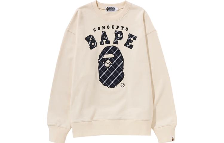 BAPE Concepts FW23 Logo Embroidered Plaid Crewneck Sweatshirt Beige Unisex 1J73-113-903