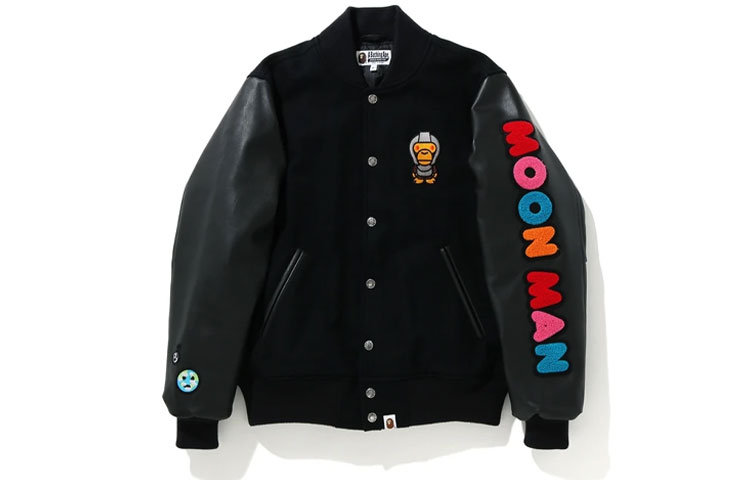 BAPE Kid Cudi Cartoon Print Button-Up Baseball Jacket Black 2G73-141-902