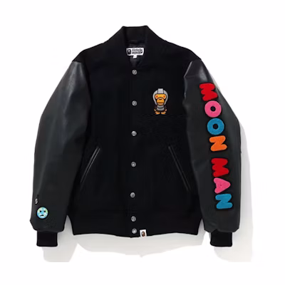 BAPE Kid Cudi Cartoon Print Button-Up Baseball Jacket Black 2G73-141-902