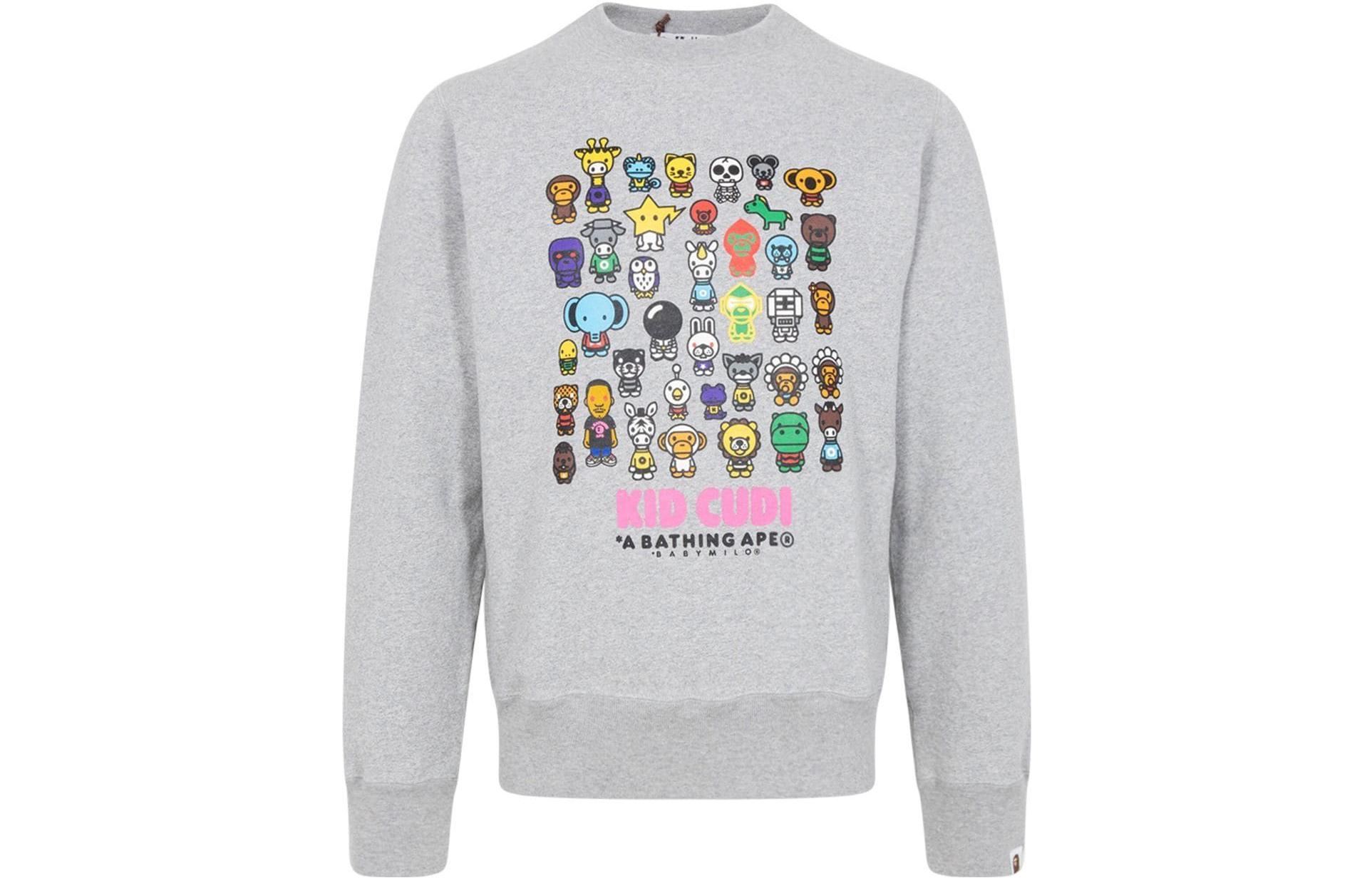 BAPE Kid Cudi Crewneck Sweatshirt Grey Cartoon Graphic Collaboration 83122122GREY