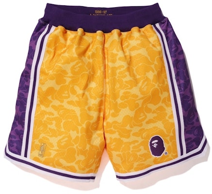 BAPE x Mitchell & Ness Lakers ABC Basketball Authentic Shorts Yellow Buy BAPE x Mitchell & Ness Lakers ABC Basketball Authentic Shorts Yellow