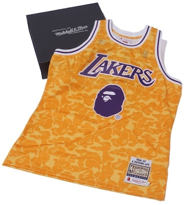 BAPE x Mitchell & Ness Lakers ABC Basketball Authentic Jersey Yellow Buy BAPE x Mitchell & Ness Lakers ABC Basketball Authentic Jersey Yellow