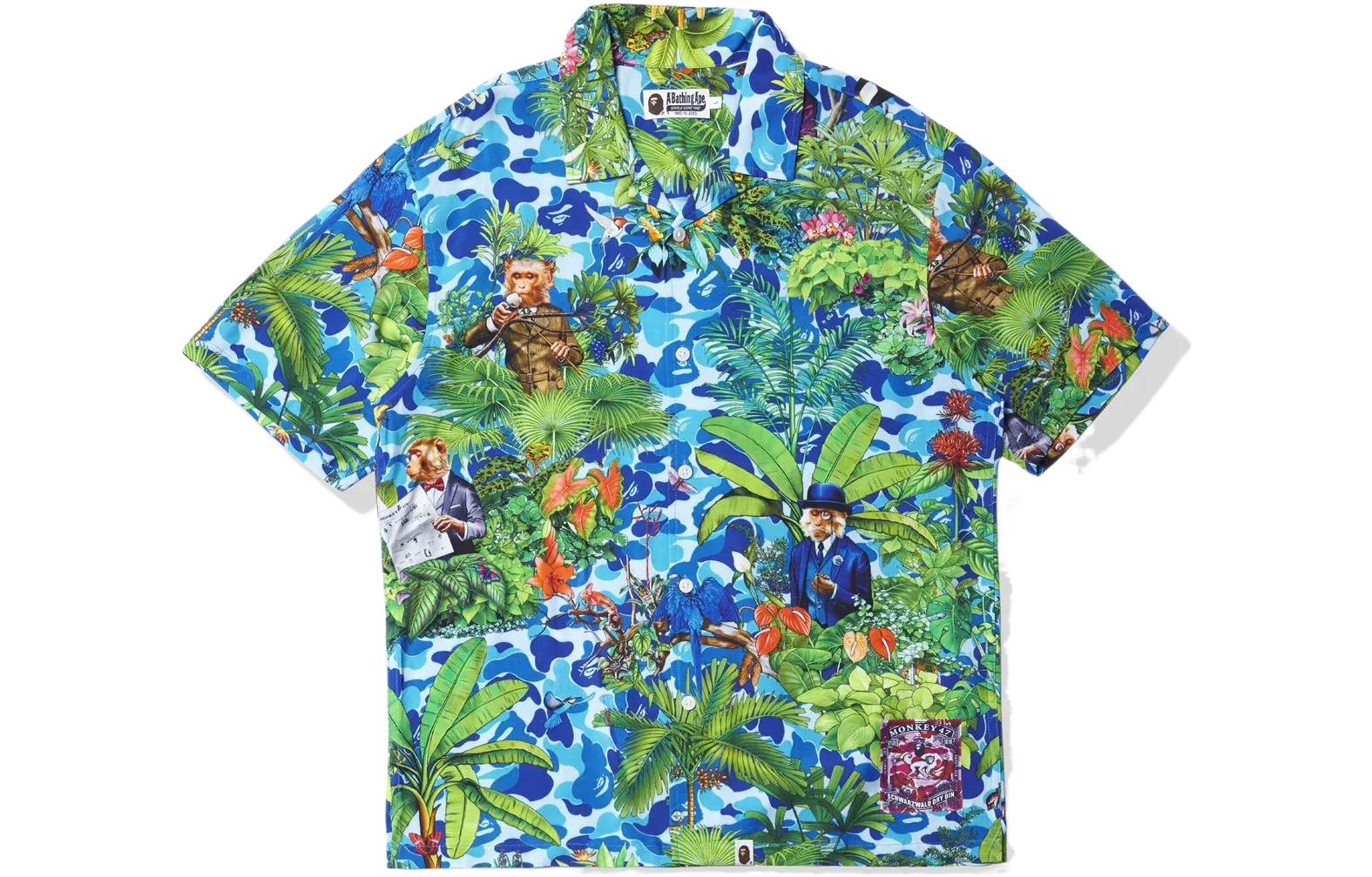BAPE MONKEY 47 Open Collar Short Sleeve Shirt Cartoon Plant Print . 1I23-132-901