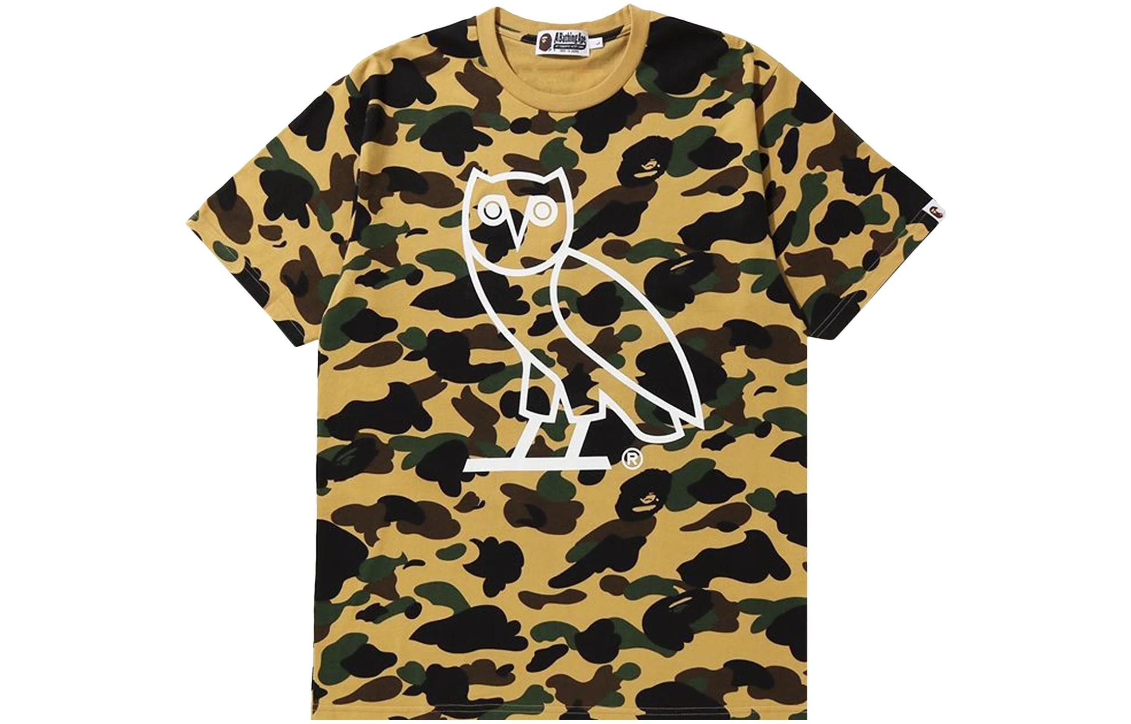 BAPE x OVO Camo Parrot Graphic Crewneck Yellow  T-Shirt. 1G23-109-916