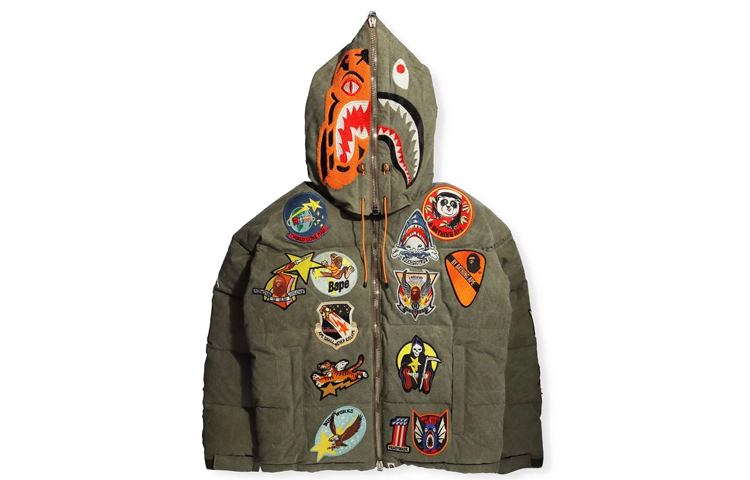 BAPE x READYMADE Tiger Shark Hooded Down Jacket Olive Green  Winter Coat. 1H23-141-901