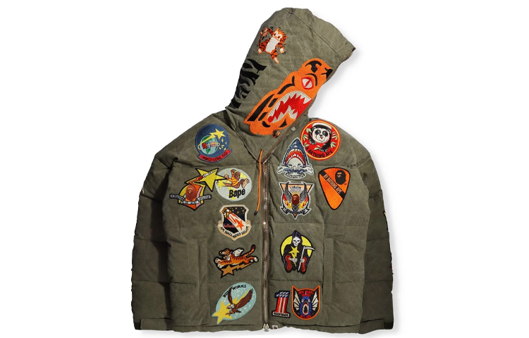 Lookbook BAPE x READYMADE Jaket Musim Sejuk Hooded Tiger Shark Hijau Zaitun. 1H23-141-901