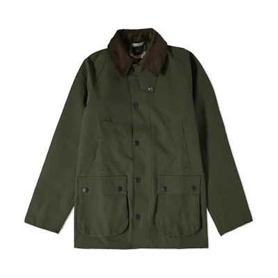 Barbour Green Waxed Jacket with Turn-Down Collar and Long Sleeves. MCA0784SG51