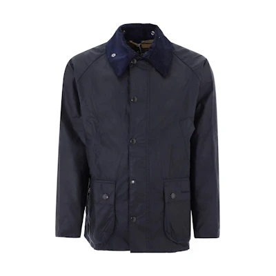 Barbour Navy Waxed Jacket with Hidden Zipper and Multi-Pocket Design. MWX0018MWXNY91