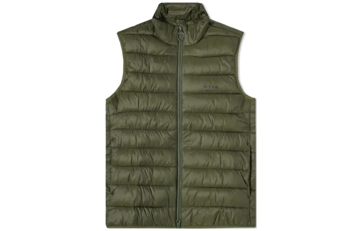 Barbour  Olive Green Zip-Up Sleeveless Jacket with Front Logo Print. MGI0024OL51