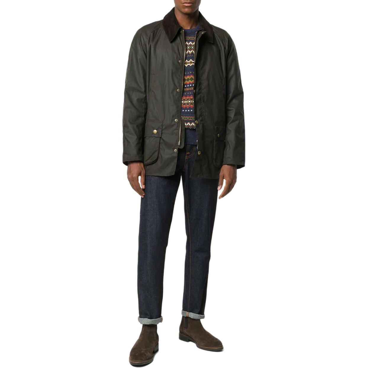 Shop 바버 애쉬비 왁스 재킷 남성용 그린 콘트라스트 칼라 캐주얼 코트. MWX0339MWX-OL71