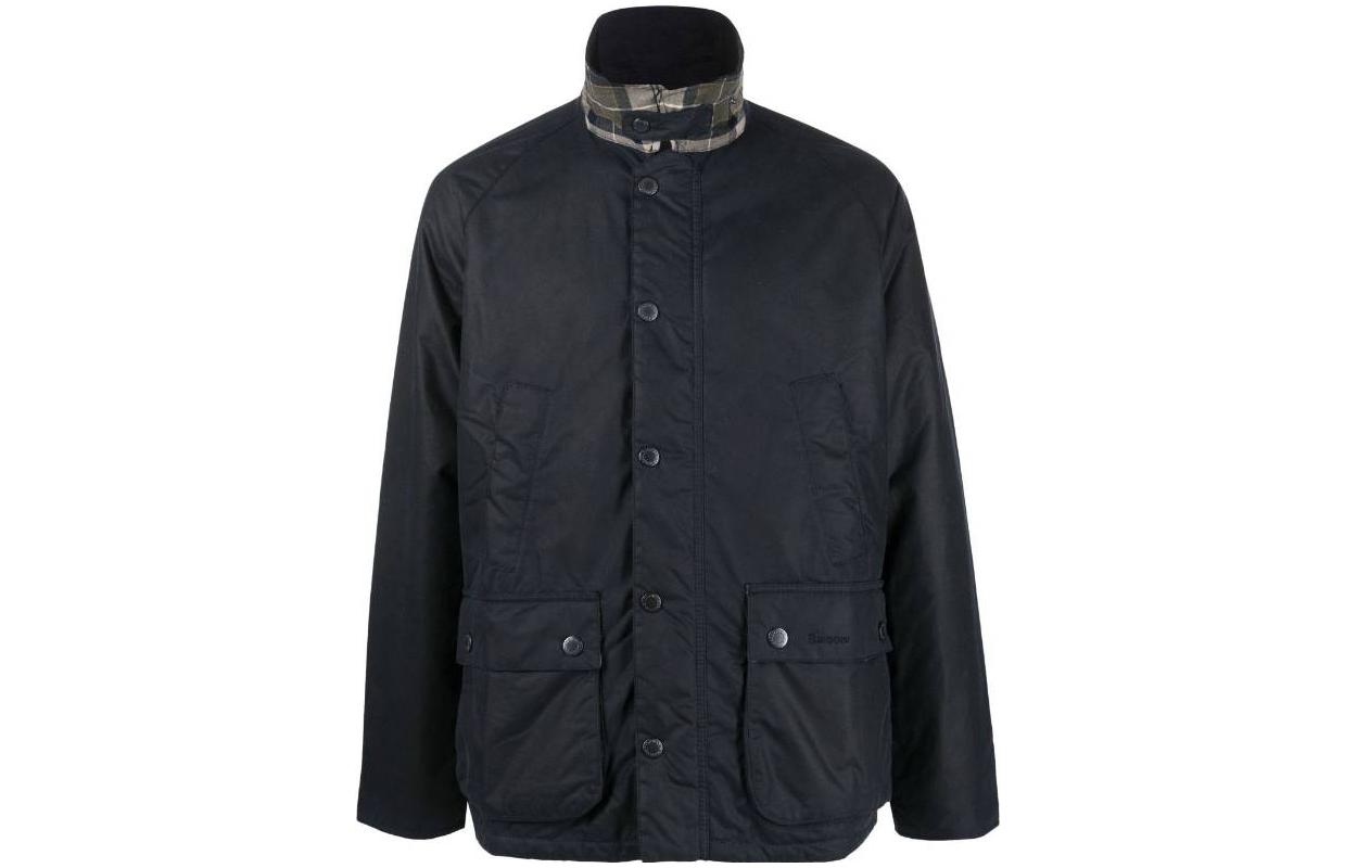 Barbour Blue Waxed Jacket with Button-Up High Collar MWX2201MWXNY92