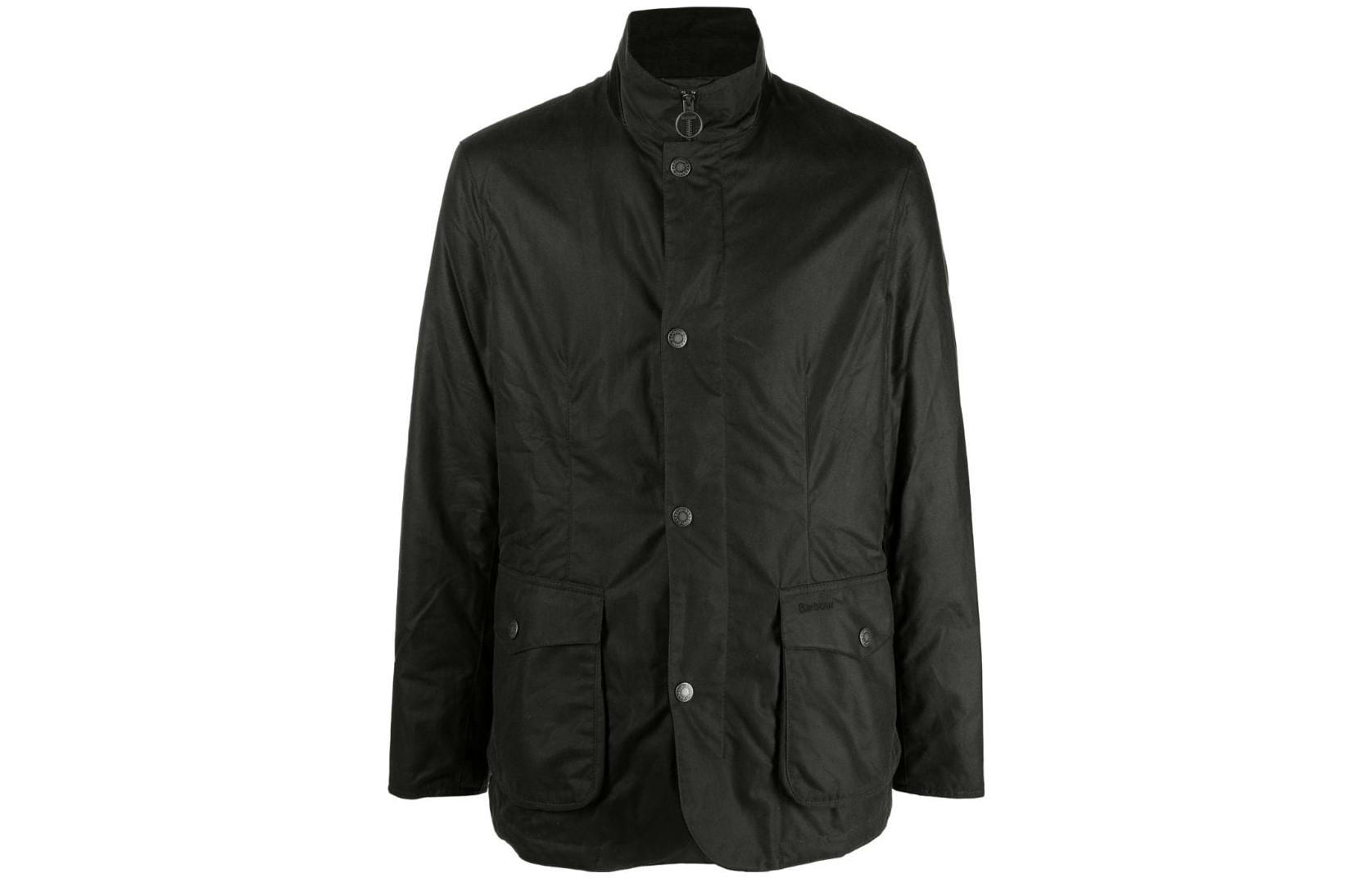 Barbour Waxed Jacket with Logo Embroidery, Stand Collar, Dark Green MWX2204OL52