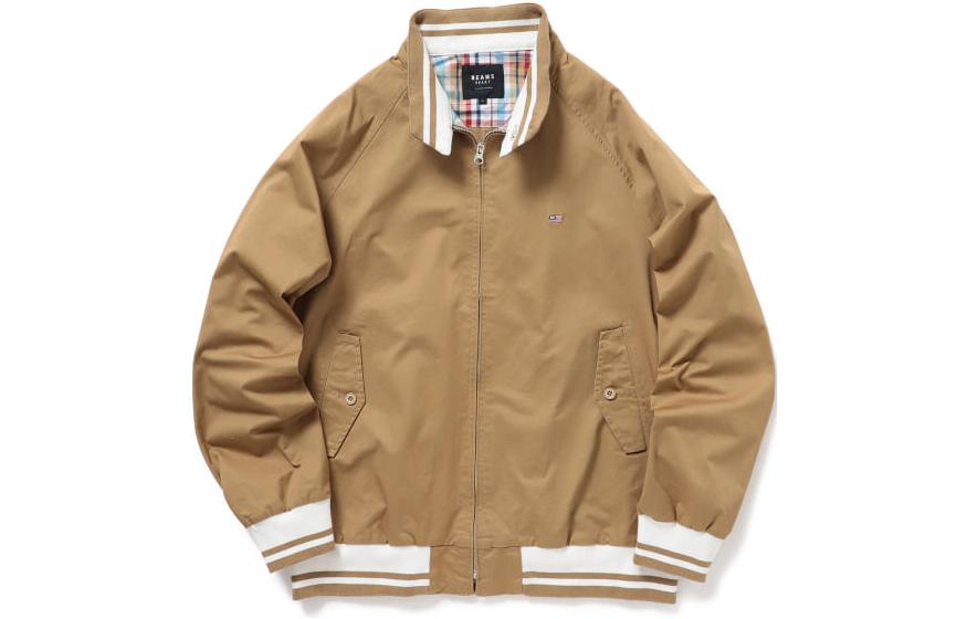 Beams Beige Zip-Up Jacket with Striped Detail and Stand Collar 42180524413