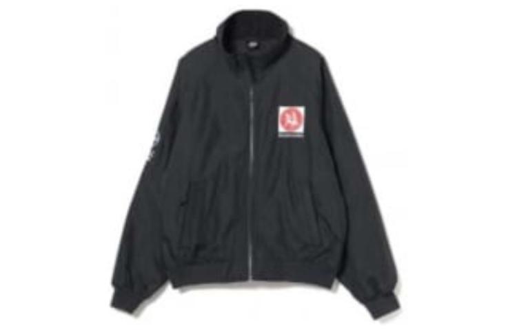 Beams Black Bomber Jacket Letter Print Zip-Up Stand Collar Long Sleeve 75-18-0074-348