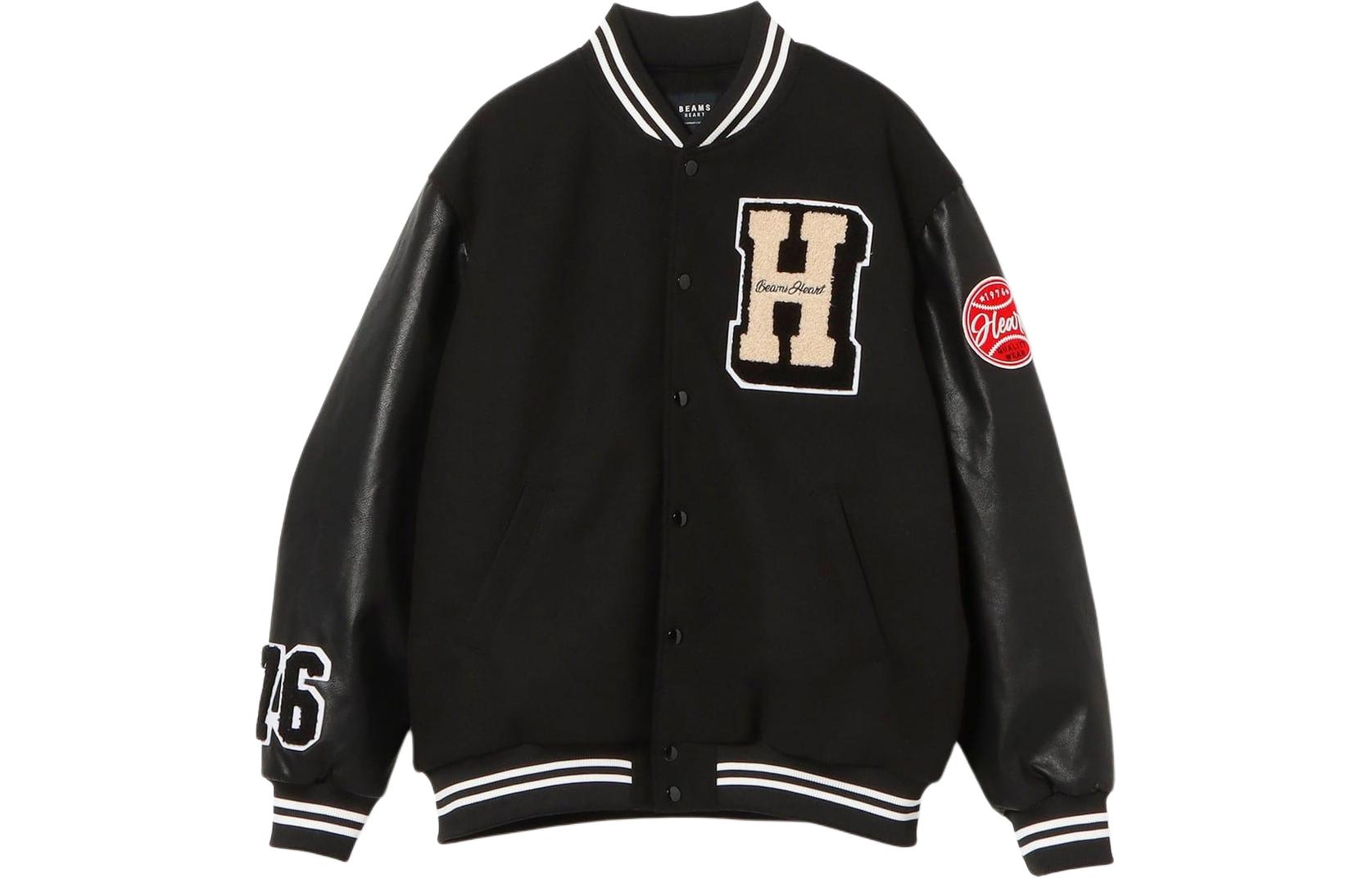 Beams Black Loose-Fit Varsity Jacket with Embroidered Lettering. 4218006119519