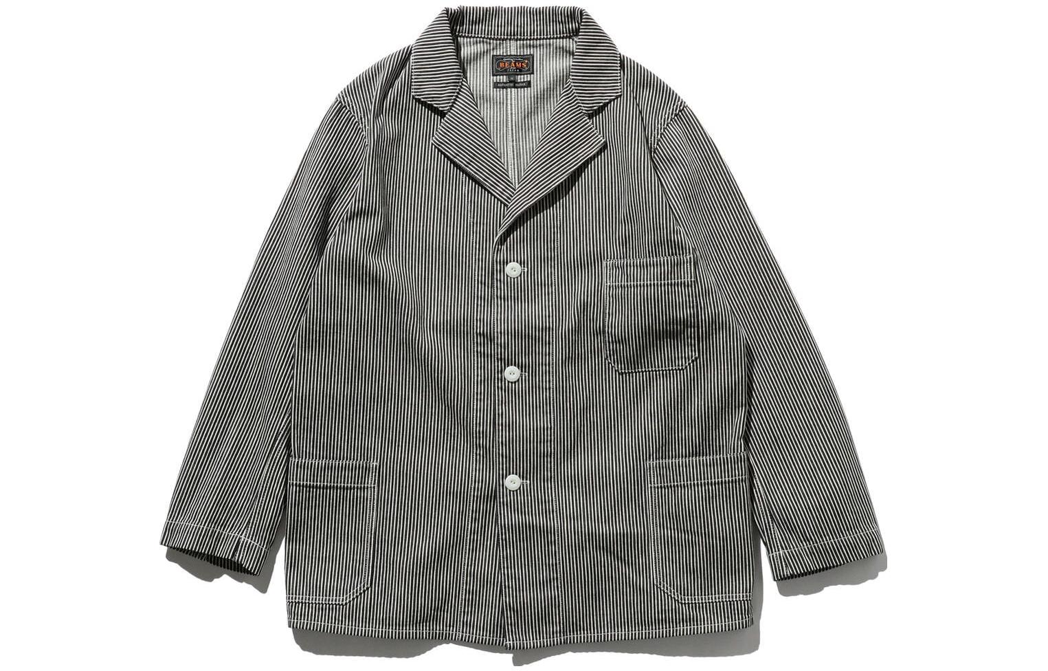 Beams Black Striped Loose-Fit Button-Up Jacket with Breathable Design 3816039279119