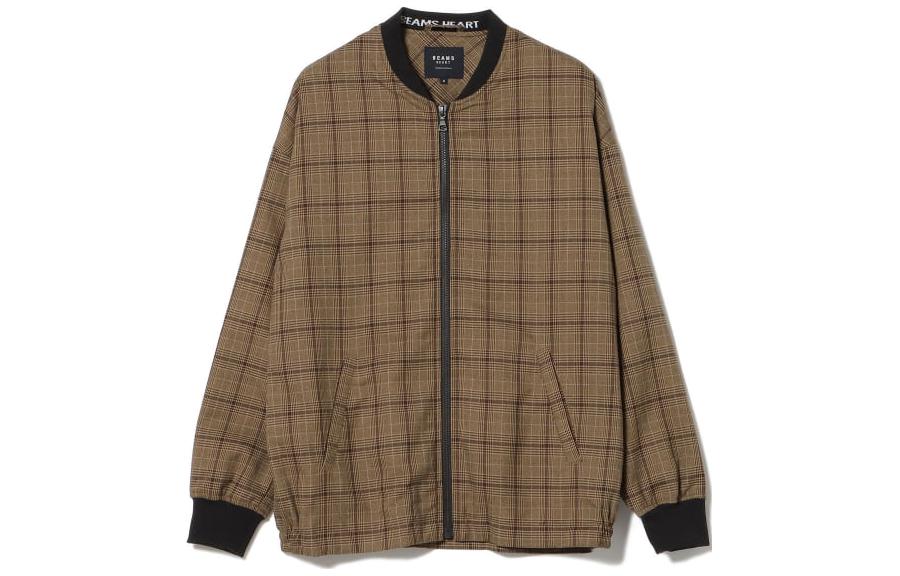 Beams Brown Plaid Zipper Baseball Collar Long Sleeve Jacket 4218051441328