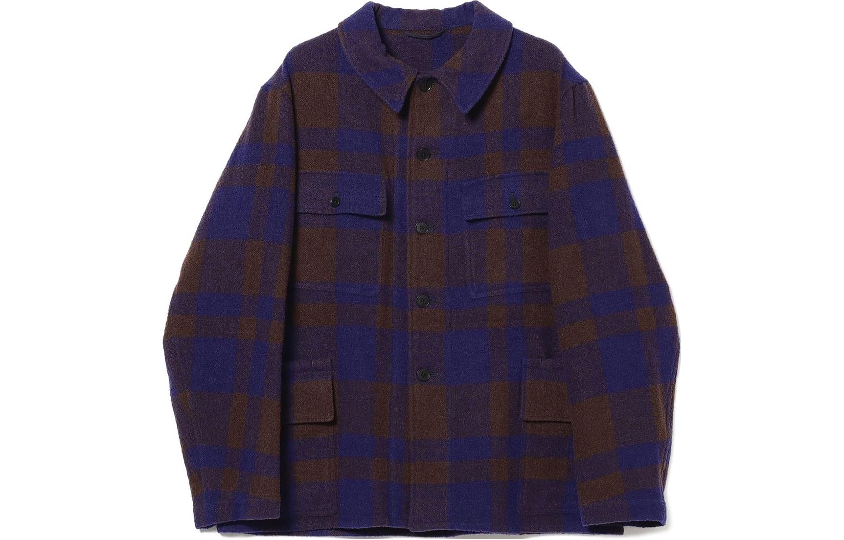 Beams Checkered Button-Up Loose Fit Jacket Navy Brown . 36-16-0078-086