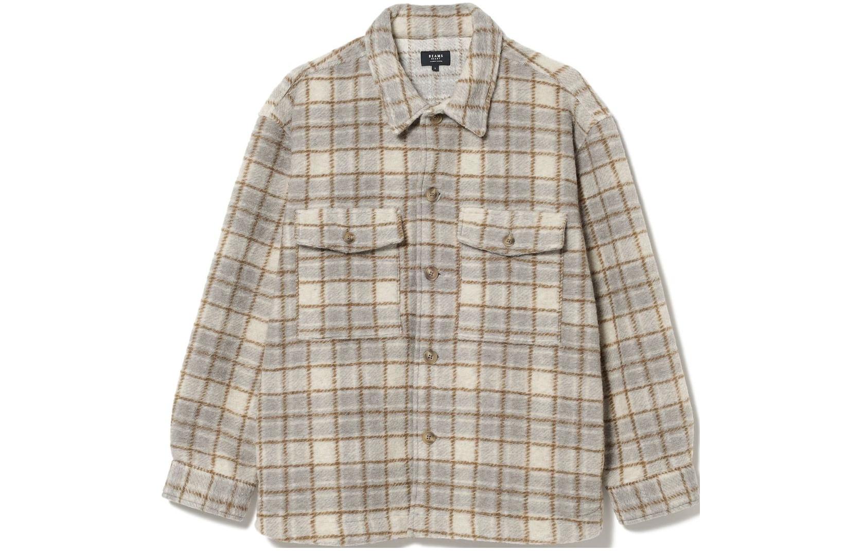 Beams Checkered Button-Up Shirt Jacket Beige/Tan Colorblock. 4211003780320