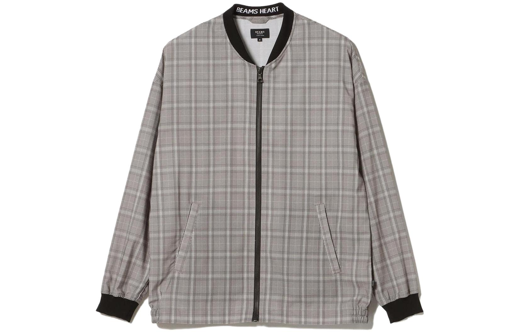 Beams Checkered Detail Zip-Up Jacket Grey 4218053241390