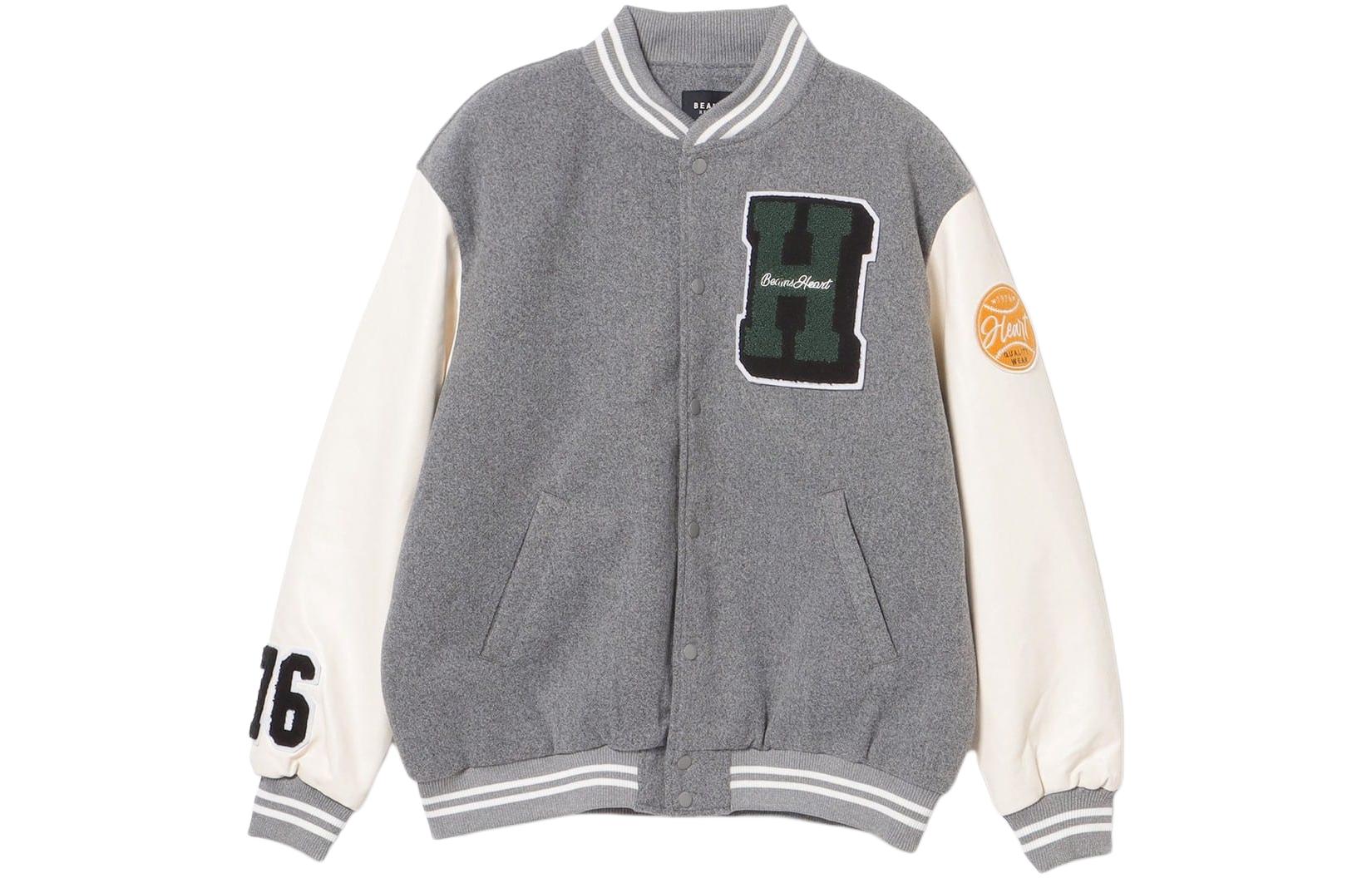 Beams Embroidered Logo Loose Fit Baseball Jacket - Gray. 4218006119515