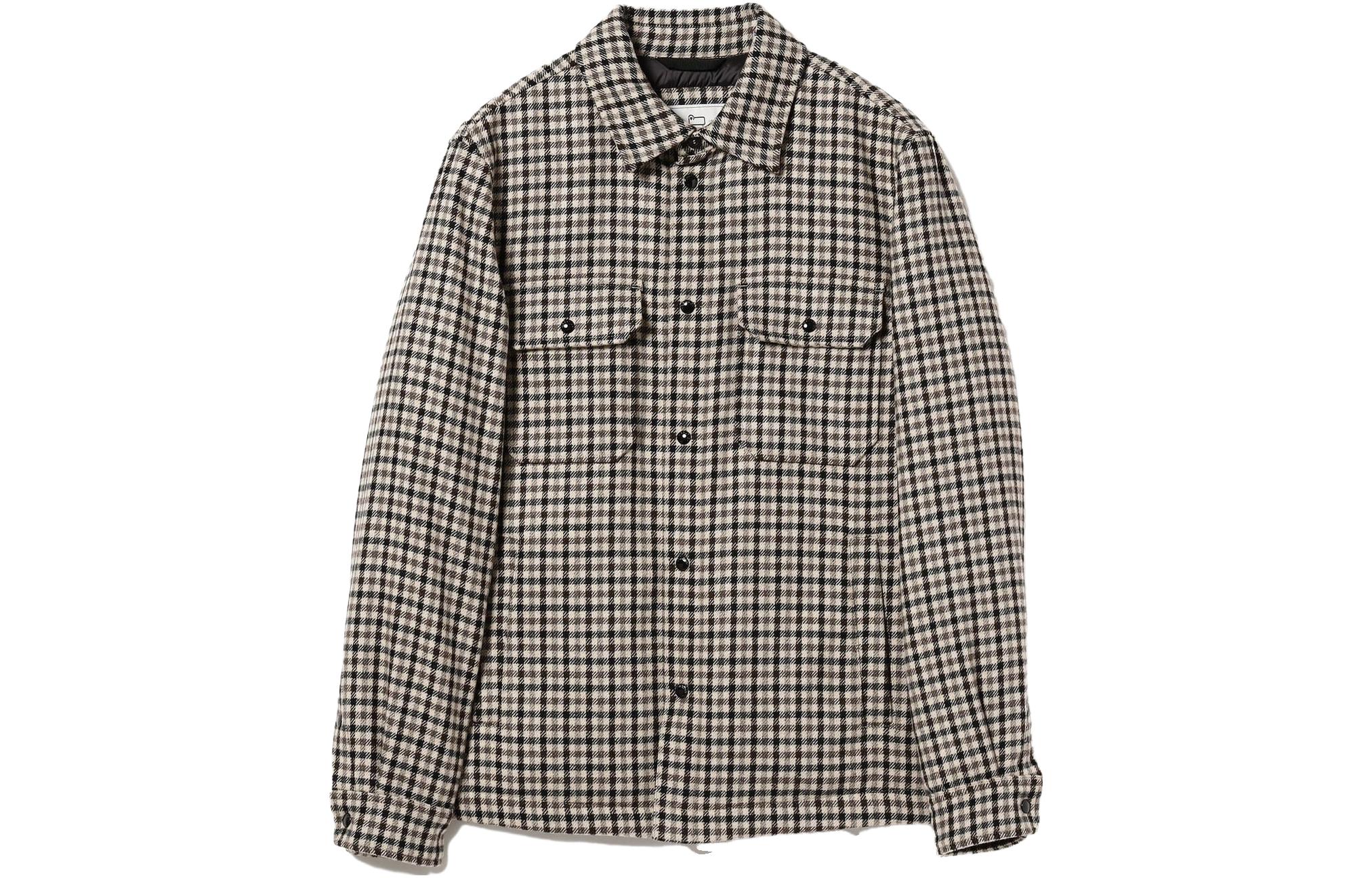 Beams FW23 Plaid Button-Up Long Sleeve Jacket Cream Brown (). 21-18-0691-089