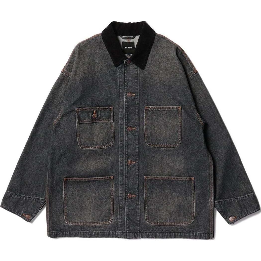 Beams FW24 Black Denim Jacket with Turn-Down Collar for Men. 11-18-1834-791-19