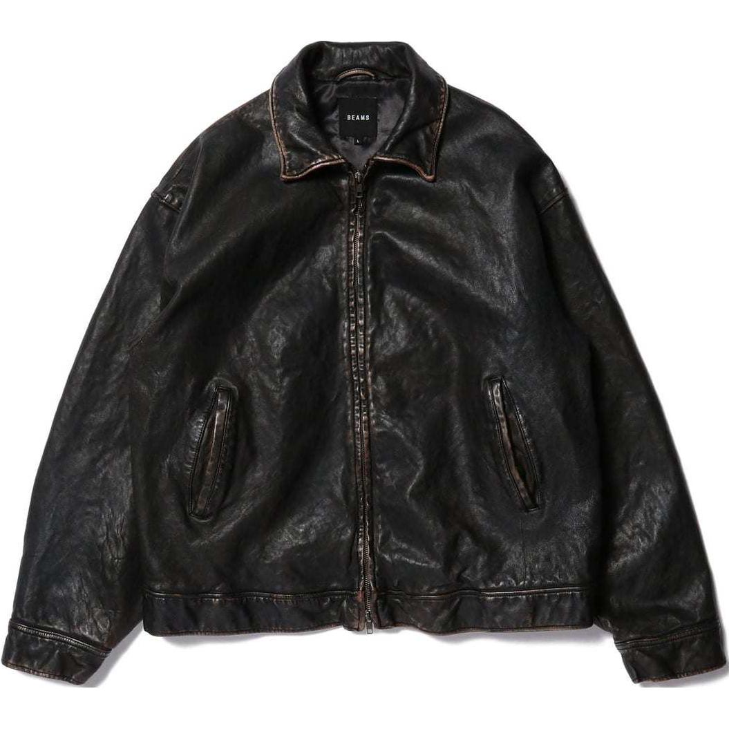 Beams FW24 Retro Zip Baseball Collar Pocket Leather Jacket Men’s Black 11-18-1831-202-19