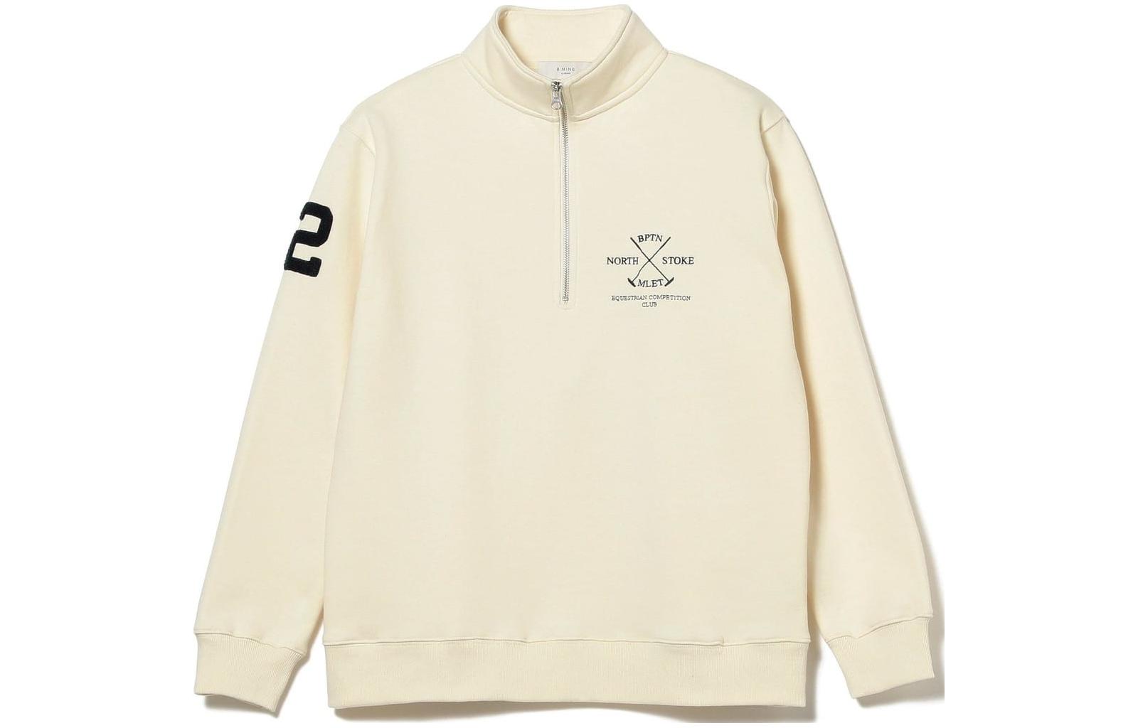 Beams Ivory White Half-Zip Pullover Sweatshirt with Letter Print 9213032789806