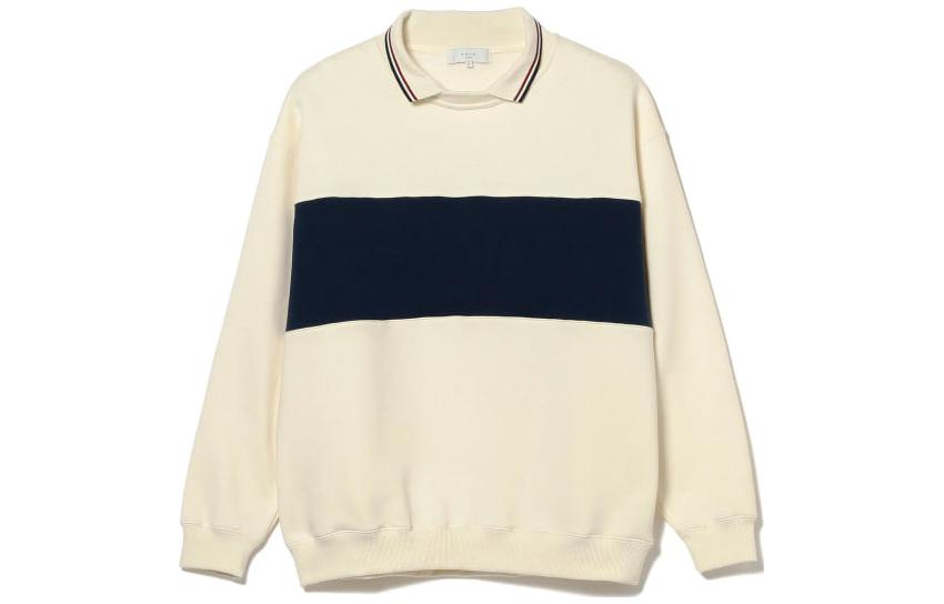 Beams Ivory White Striped Print Loose-Fit Long-Sleeve Sweatshirt. 9213032889806