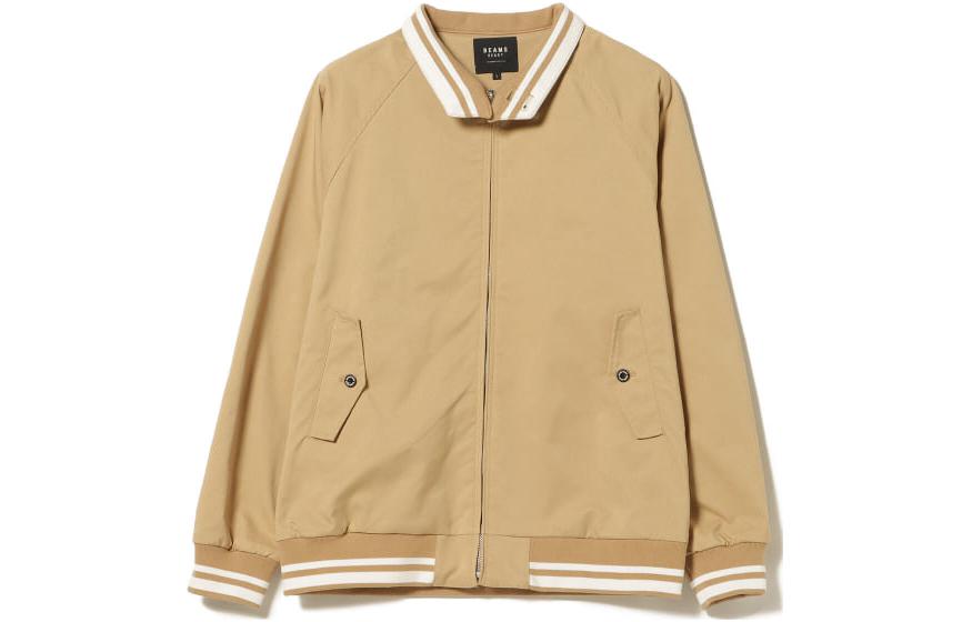 Beams Khaki Zip-Up Jacket with Striped Cuffs and Stand Collar 4218003541367