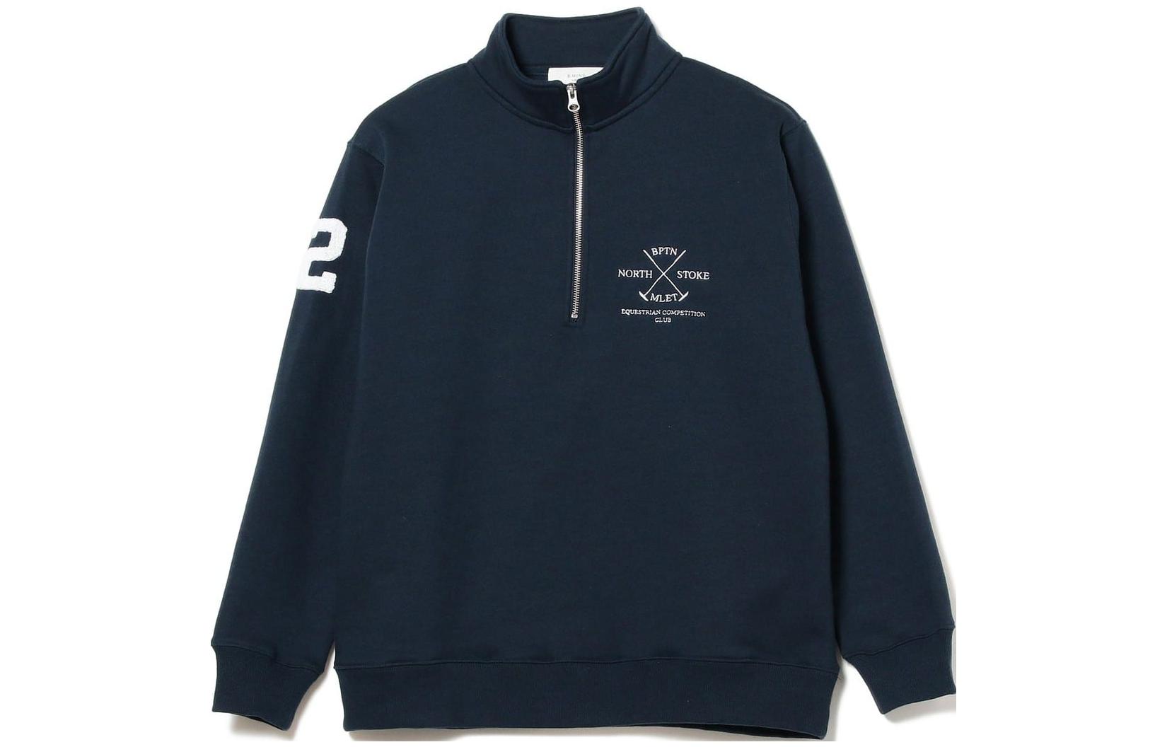 Beams Letter Print Half-Zip Pullover Navy Blue Sweatshirt (). 9213032789879