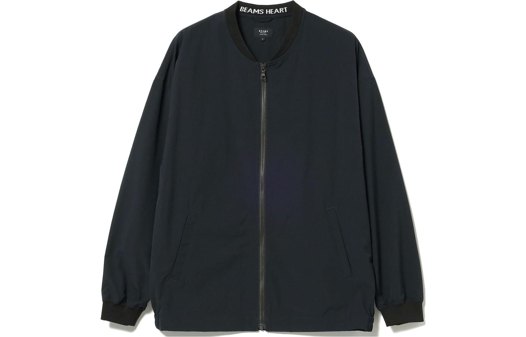 Beams Navy Blue Solid Crewneck Zip-Up Jacket 4218003641379