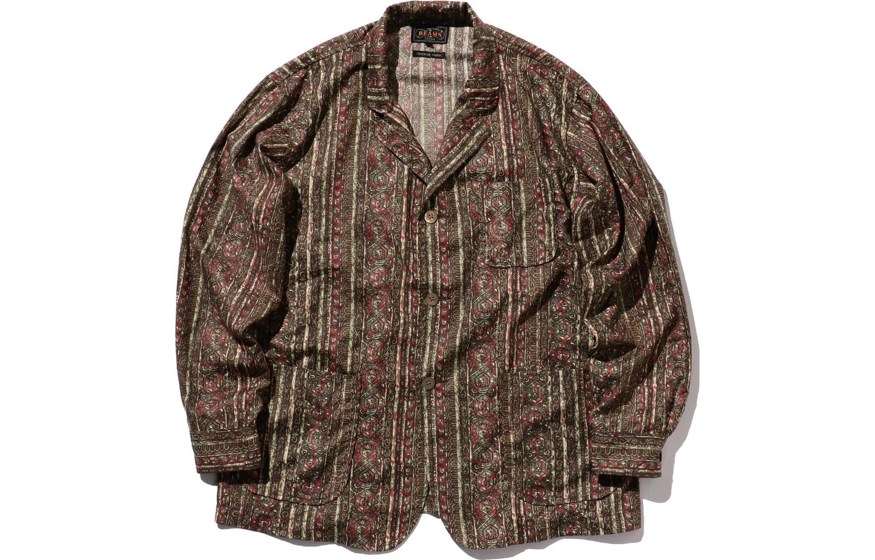 Beams Olive Green Loose-Fit Printed Button-Up Jacket. 3816009513967