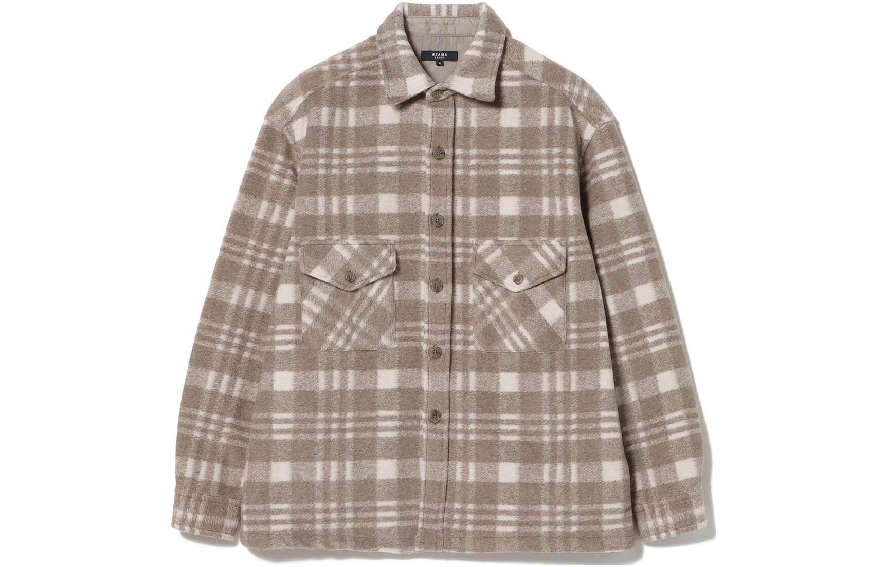 Beams Plaid Long-Sleeve Jacket with Turn-Down Collar in Light Brown 4211065363920