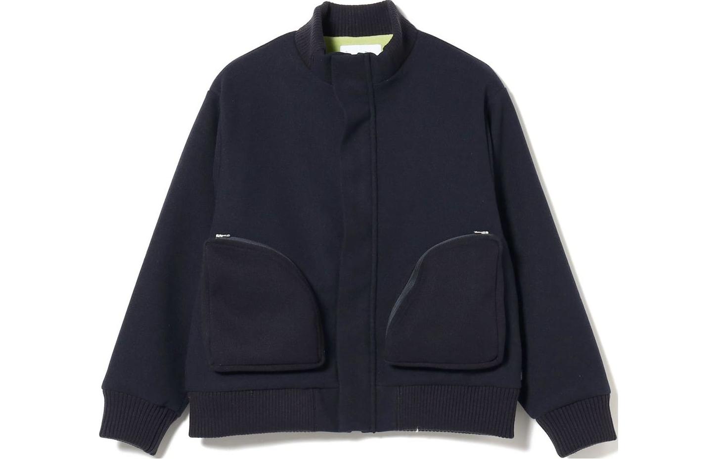 Beams Solid Color Stand Collar Zip Jacket Navy Blue. 75-18-0084-170