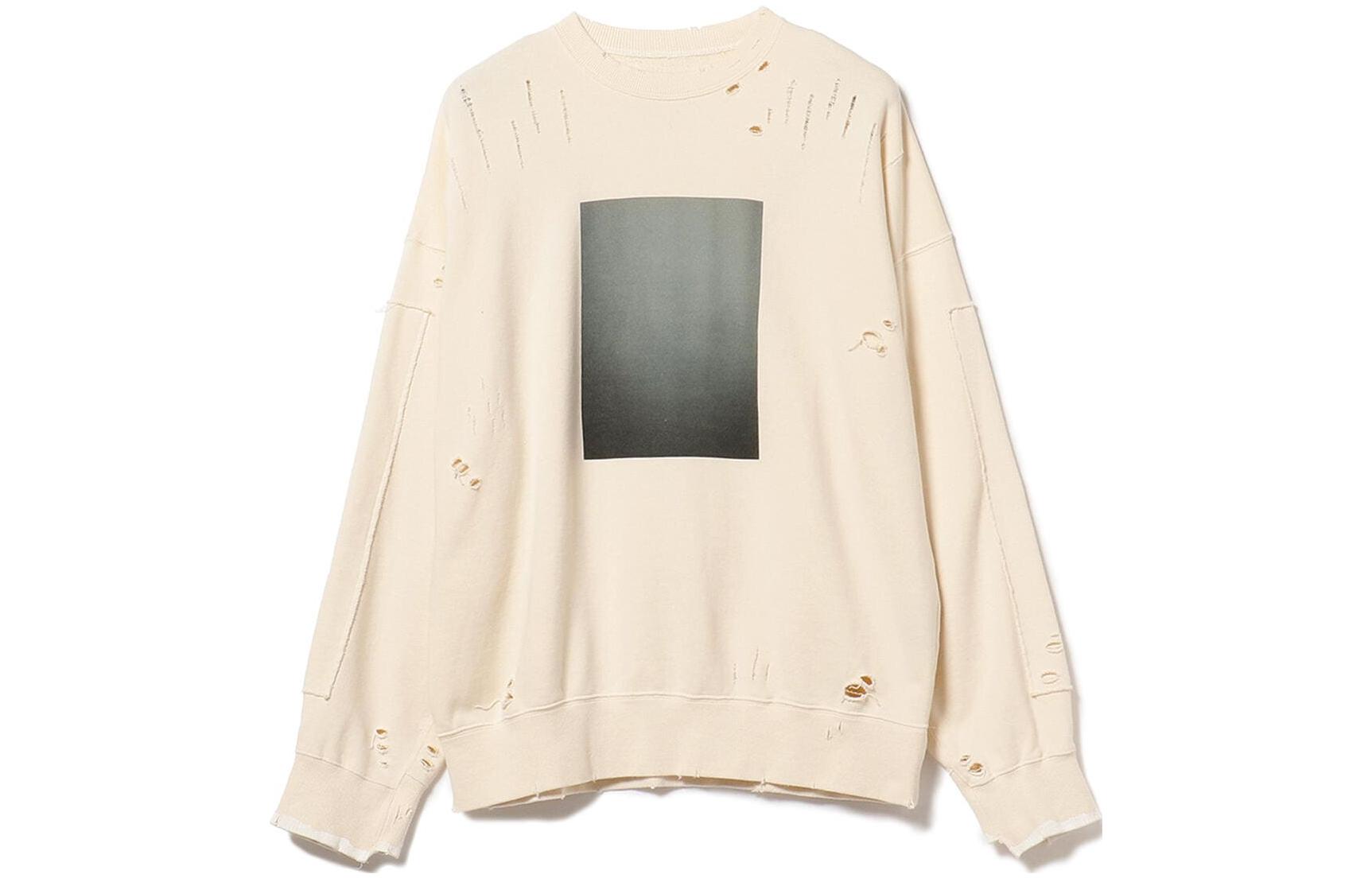 Beams SS23 Distressed Long-Sleeve Pullover Sweatshirt Off-White 23-13-0030-691