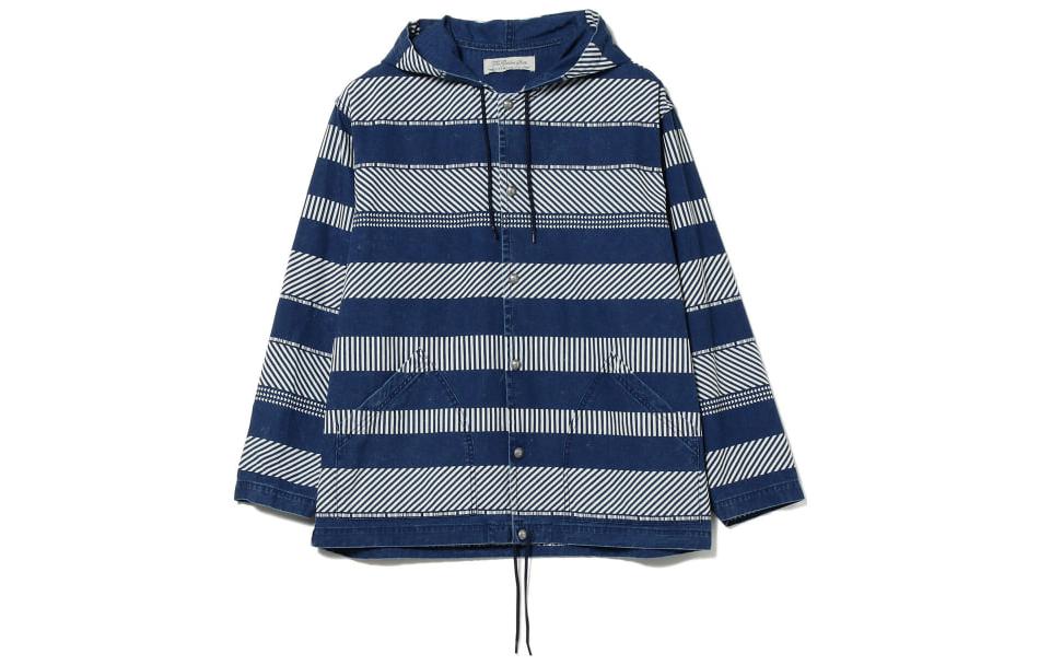 Beams SS23 Striped Hoodie Drawstring Jacket Indigo Blue (). 38-18-0323-671