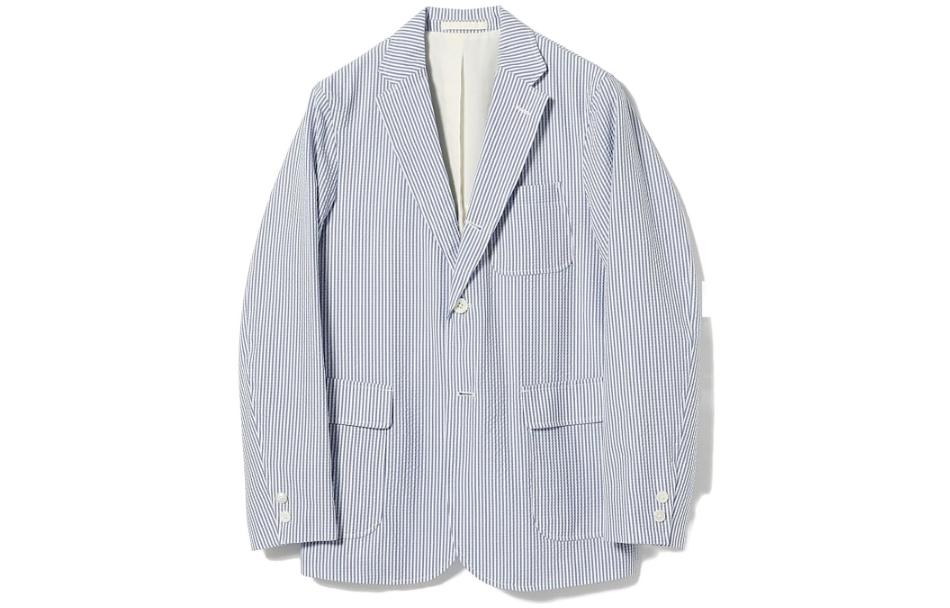 Beams Striped French Collar Button-Up Loose-Fit Jacket Men’s Blue 3816018080375