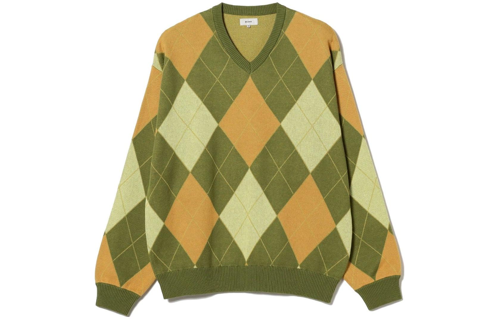 Beams V-Neck Argyle Pullover Knit Sweater Long Sleeve 11-15-0500-803