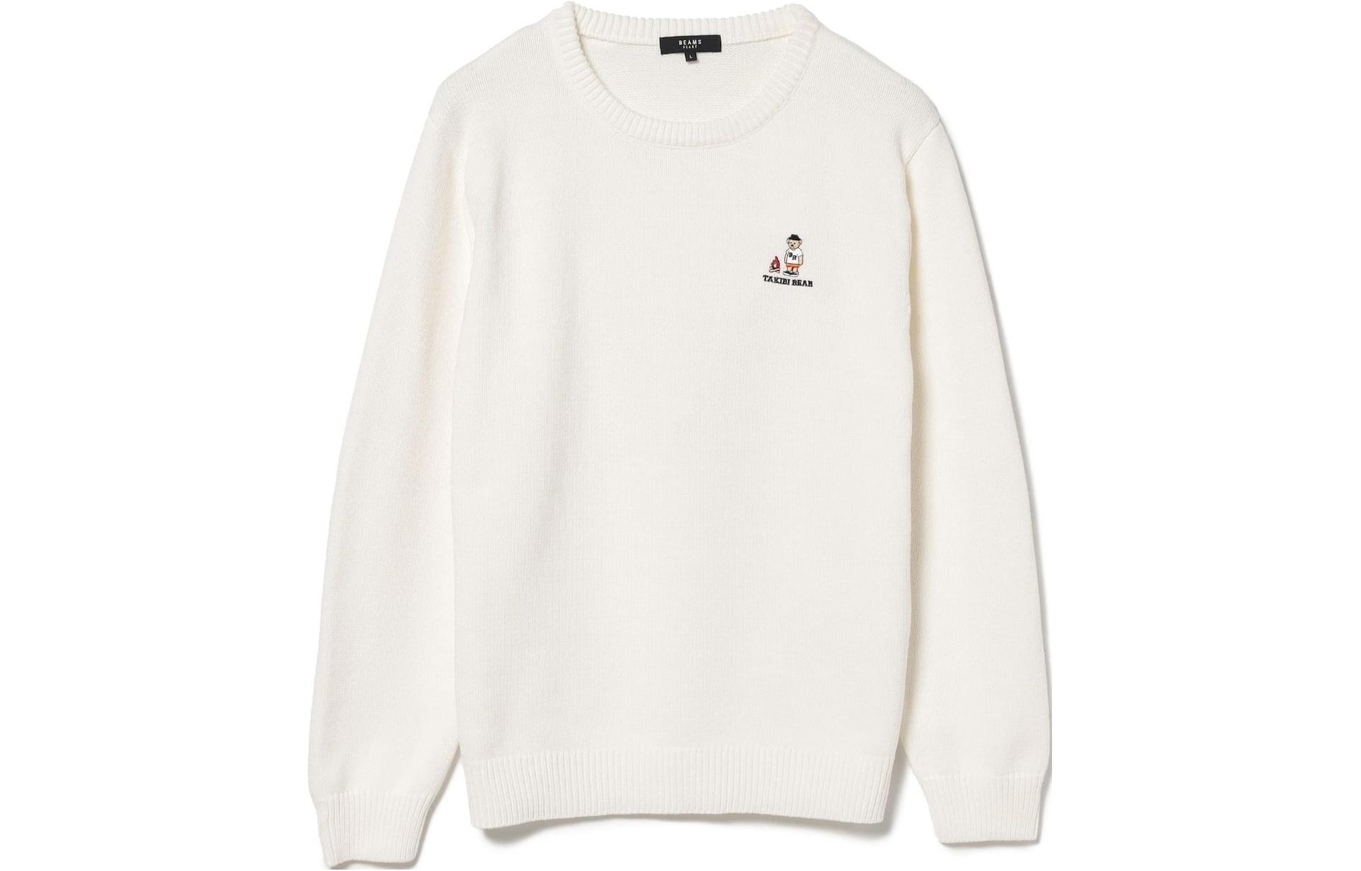 BEAMS White Solid Crewneck Knit Sweater Long Sleeve Pullover 4215005181901