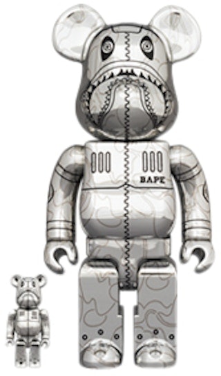 bearbrick-bape-x-hajime-sorayama-camo-shark-100-and-400-set-silver