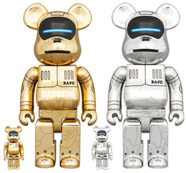 bearbrick-x-bape-x-hajime-sorayama-baby-milo-100-and-400-4x-set-gold-silver
