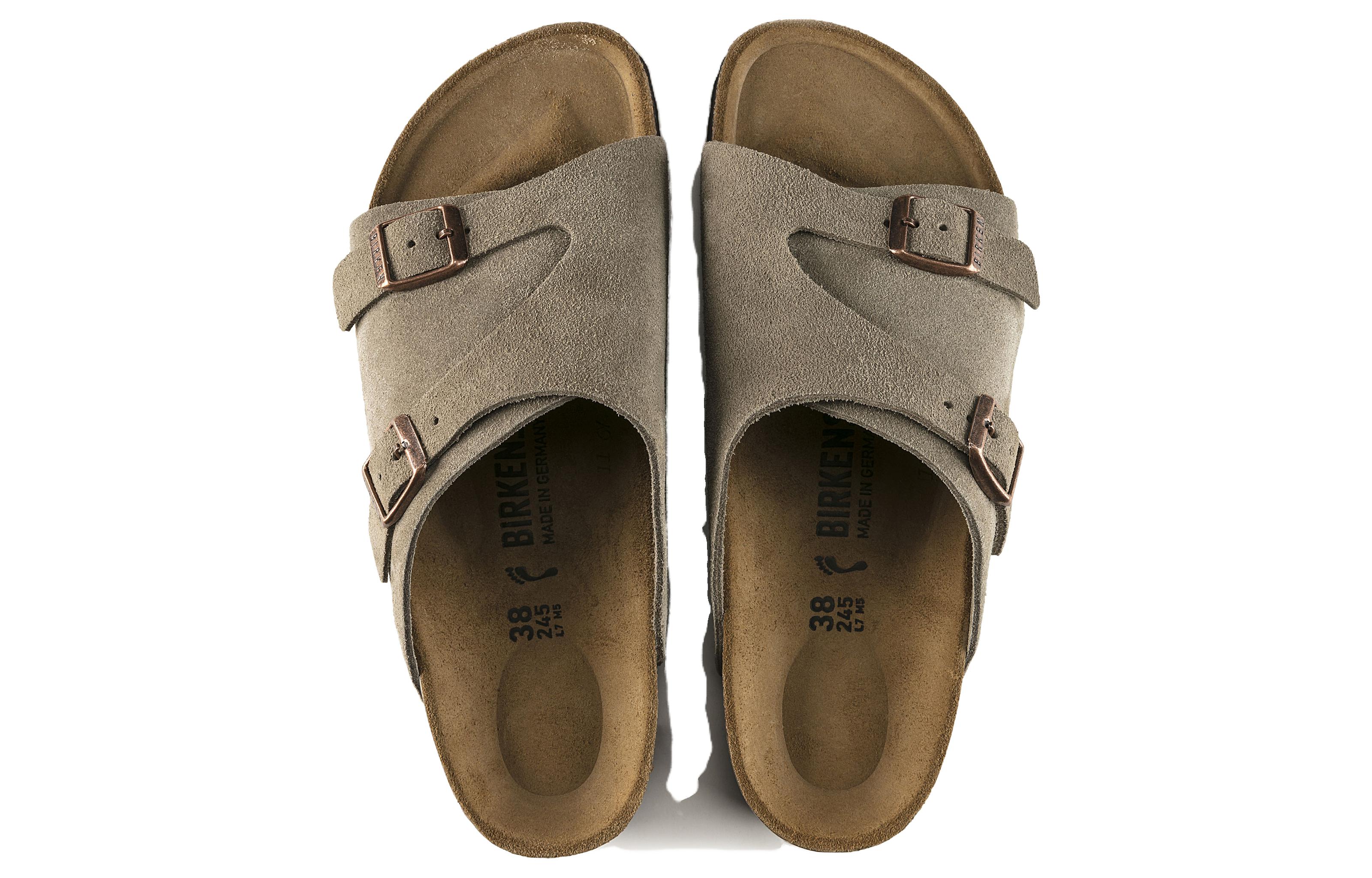 Shop Birkenstock 麂皮 柔軟舒適增高厚底百搭扣帶 一字拖鞋 男女同款 灰褐色 窄版