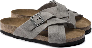 Lookbook Birkenstock 絨面 柔軟舒適平底萬用扣 一字拖鞋 男女款 灰色 窄版